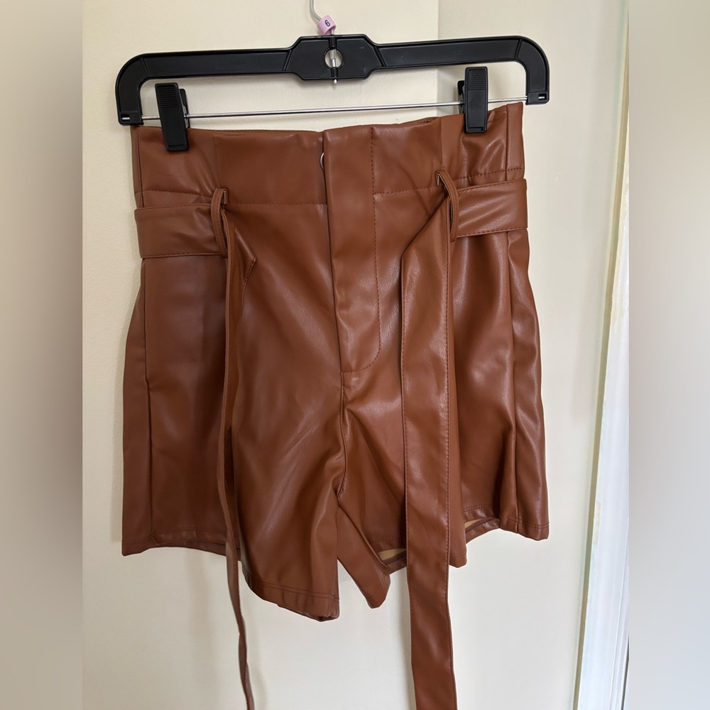 High Waist Tan Leather Women Shorts